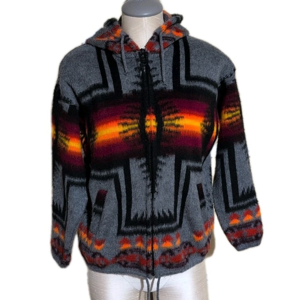 Artesanias Tuntaquimba Wool Zip Up Jacket Adult Small Gray Orange Tribal Hooded
